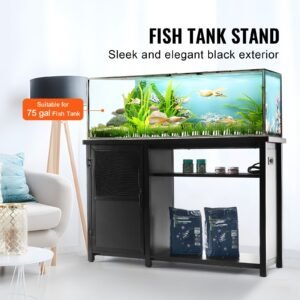 aquarium stand, 75 gallon fish tank stand, 52 x 19.7 x 32.3 in steel and mdf turtle tank stand, 626 lbs load capacity, reptile tank stand with storage cabinet and embedded power panel, black