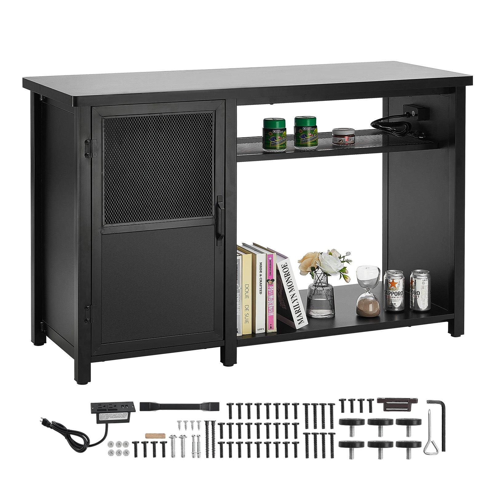 aquarium stand, 75 gallon fish tank stand, 52 x 19.7 x 32.3 in steel and mdf turtle tank stand, 626 lbs load capacity, reptile tank stand with storage cabinet and embedded power panel, black