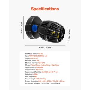 aquarium wave maker, 10w, 1057 gph quiet and strong dc powerhead, adjustable fish tank circulation pump with controller, strong magnetic base, 360° rotating wavemaker, for freshwater saltwater