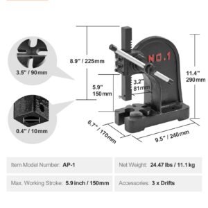 arbor press, 1 ton manual arbor press, 5.9" maximum height, cast iron heavy duty manual desktop arbor press, precision hand press for stamping, bending, stretching, forming