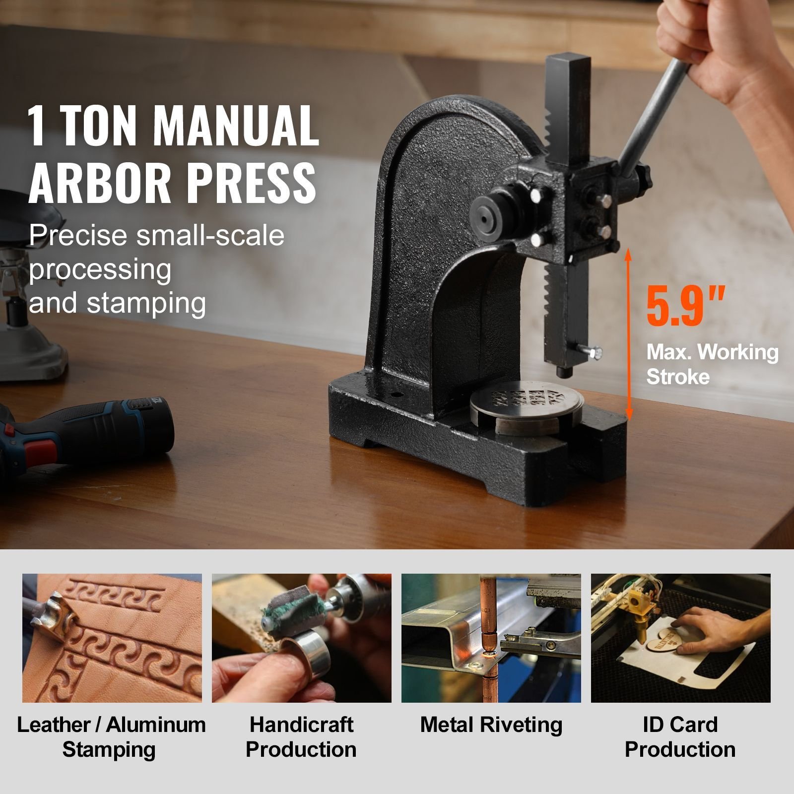 arbor press, 1 ton manual arbor press, 5.9" maximum height, cast iron heavy duty manual desktop arbor press, precision hand press for stamping, bending, stretching, forming
