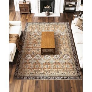 area rug, 7.5 x 9.5 ft large washable rug, non slip and tear resistant soft carpet, pet & child friendly vintage area rugs, indoor mat for bedroom, living room, office, entryway, brown green
