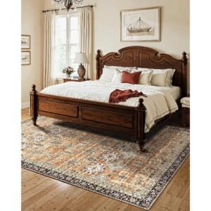 area rug, 7.5 x 9.5 ft large washable rug, non slip and tear resistant soft carpet, pet & child friendly vintage area rugs, indoor mat for bedroom, living room, office, entryway, brown green