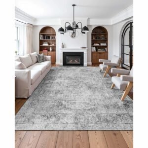 area rug, 9 x 12 ft large washable boho rug, non slip and tear resistant soft carpet, pet & child friendly bohemian area rugs, indoor mat for bedroom, living room, kids room, office, gray