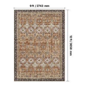 area rug, 9 x 12 ft large washable rug, non slip and tear resistant soft carpet, pet & child friendly vintage area rugs, indoor mat for bedroom, living room, kids room, office, brown green
