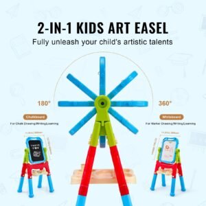 art easel for kids, 2 in 1 double sided kid's art easel with magnetic whiteboard & chalkboard, adjustable standing rotatable removable drawing board with painting accessories for boys and girls