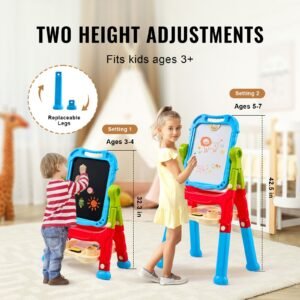 art easel for kids, 2 in 1 double sided kid's art easel with magnetic whiteboard & chalkboard, adjustable standing rotatable removable drawing board with painting accessories for boys and girls