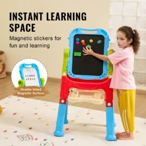 art easel for kids, 2 in 1 double sided kid's art easel with magnetic whiteboard & chalkboard, adjustable standing rotatable removable drawing board with painting accessories for boys and girls
