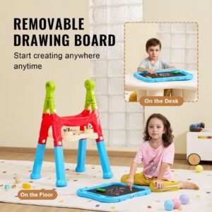art easel for kids, 2 in 1 double sided kid's art easel with magnetic whiteboard & chalkboard, adjustable standing rotatable removable drawing board with painting accessories for boys and girls