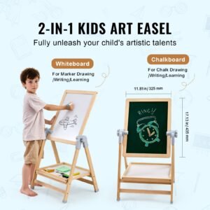 art easel for kids, 2 in 1 wooden double sided kid's art easel with magnetic whiteboard & chalkboard, adjustable standing rotatable foldable drawing board with painting accessories for boy girl