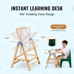 art easel for kids, 2 in 1 wooden double sided kid's art easel with magnetic whiteboard & chalkboard, adjustable standing rotatable foldable drawing board with painting accessories for boy girl