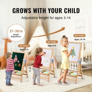 art easel for kids, 2 in 1 wooden double sided kid's art easel with magnetic whiteboard & chalkboard, adjustable standing rotatable foldable drawing board with painting accessories for boy girl