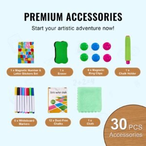 art easel for kids, 2 in 1 wooden double sided kid's art easel with magnetic whiteboard & chalkboard, adjustable standing rotatable foldable drawing board with painting accessories for boy girl