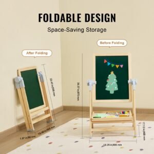 art easel for kids, 2 in 1 wooden double sided kid's art easel with magnetic whiteboard & chalkboard, adjustable standing rotatable foldable drawing board with painting accessories for boy girl