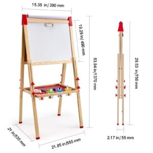 art easel for kids, 3 in 1 wooden double sided kid's art easel with magnetic whiteboard, chalkboard & paper roll, adjustable standing drawing board with painting accessories for boys and girls