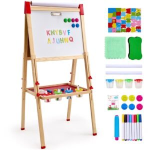 art easel for kids, 3 in 1 wooden double sided kid's art easel with magnetic whiteboard, chalkboard & paper roll, adjustable standing drawing board with painting accessories for boys and girls