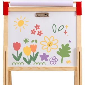 art easel for kids, 3 in 1 wooden double sided kid's art easel with magnetic whiteboard, chalkboard & paper roll, adjustable standing drawing board with painting accessories for boys and girls