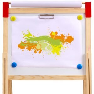art easel for kids, 3 in 1 wooden double sided kid's art easel with magnetic whiteboard, chalkboard, paper roll, adjustable standing drawing board with painting accessories, storage for boy girl