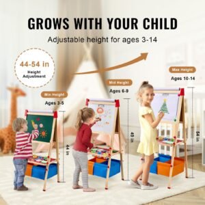 art easel for kids, 3 in 1 wooden double sided kid's art easel with magnetic whiteboard, chalkboard, paper roll, adjustable standing drawing board with painting accessories, storage for boy girl