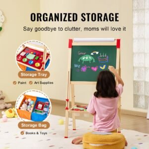art easel for kids, 3 in 1 wooden double sided kid's art easel with magnetic whiteboard, chalkboard, paper roll, adjustable standing drawing board with painting accessories, storage for boy girl
