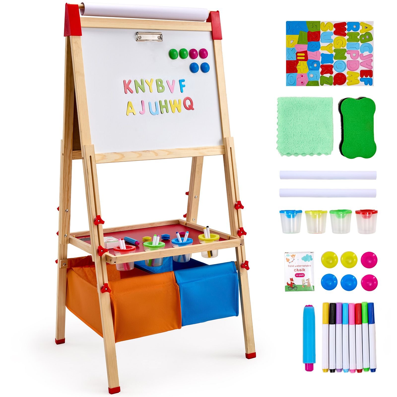art easel for kids, 3 in 1 wooden double sided kid's art easel with magnetic whiteboard, chalkboard, paper roll, adjustable standing drawing board with painting accessories, storage for boy girl
