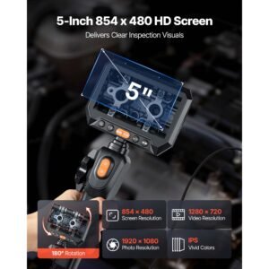 articulating borescope with 0.15" ultra slim lens, two way articulated endoscope with light, 5" hd ips screen, 8x zoom, 5000mah inspection camera for auto, tight mechanical spaces (4.9ft cable)