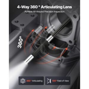 articulating endoscope with light, 4 way 360° articulated borescope, 0.24" slim lens 1920 x 1080, 4.5" hd ips screen, 8x zoom inspection camera for auto, mechanical equipment (4.9ft snake cable)