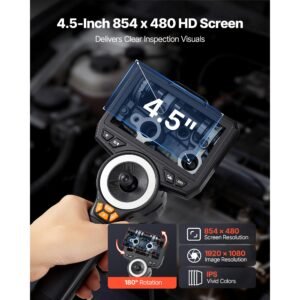 articulating endoscope with light, 4 way 360° articulated borescope, 0.24" slim lens 1920 x 1080, 4.5" hd ips screen, 8x zoom inspection camera for auto, mechanical equipment (4.9ft snake cable)