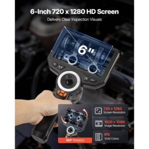 articulating endoscope with light, 4 way 360° articulated borescope camera, 6" hd ips screen, 1920 x 1080 lens, 8x zoom, 7000mah battery, ip67 waterproof for auto, plumbing (4.9ft snake cable)