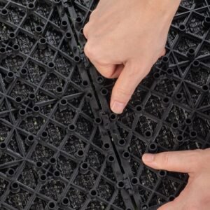 artifical grass tiles interlocking turf deck set, 18 pack 12"x12", synthetic fake grass self draining mat flooring decor pad, perfect for multi purpose indoor outdoor entryway scraper dog mats