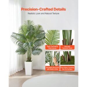 artificial areca palm tree 6 ft, fake palm tropical plants with white tall planter, faux floor silk plant in pot, large trees for home office living room decor house warming, indoor outdoor