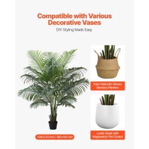 artificial areca palm tree 6 ft, fake palm tropical plants with white tall planter, faux floor silk plant in pot, large trees for home office living room decor house warming, indoor outdoor
