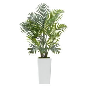 Artificial Areca Palms 4 ft, 2 Pack Fake Palm Tropical Plants with White Tall Planter, Faux Floor Silk Plant in Pot, Large Tree for Home Office Living Room Decor House Warming, Indoor Outdoor