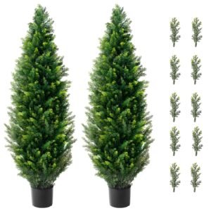 artificial cedar topiary tree, 48 inch tall (2 pieces), with extra leaves & pot faux evergreen fake pine cypress trees plant, uv rated artificial greenery set for home decor indoor/outdoor