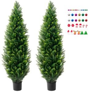 artificial cedar topiary tree, 60 inch tall (2 pieces), with extra leaves & pot faux evergreen fake pine cypress trees plant, uv rated artificial greenery set for home decor indoor/outdoor