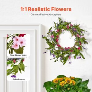 artificial decorative wreath, 22 in, pink green, decorated with daisies, babysbreath, buds, year round wreath for all seasons indoor and outdoor home wall window festival wedding decorations