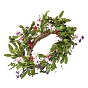 artificial decorative wreath, 22 in, pink green, decorated with daisies, babysbreath, buds, year round wreath for all seasons indoor and outdoor home wall window festival wedding decorations