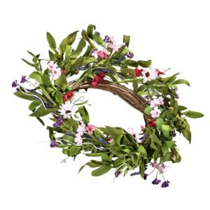 artificial decorative wreath, 22 in, pink green, decorated with daisies, babysbreath, buds, year round wreath for all seasons indoor and outdoor home wall window festival wedding decorations
