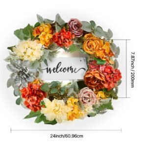 artificial decorative wreath, 24 in, red orange yellow, decorated with hydrangeas, roses, wooden sign, year round wreath for all seasons indoor and outdoor home wall window festival decorations