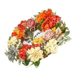 artificial decorative wreath, 24 in, red orange yellow, decorated with hydrangeas, roses, wooden sign, year round wreath for all seasons indoor and outdoor home wall window festival decorations