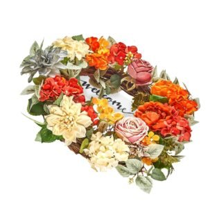 artificial decorative wreath, 24 in, red orange yellow, decorated with hydrangeas, roses, wooden sign, year round wreath for all seasons indoor and outdoor home wall window festival decorations