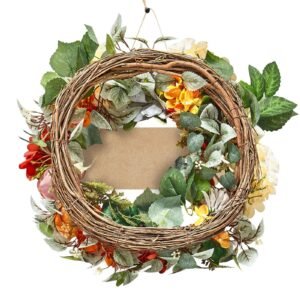 artificial decorative wreath, 24 in, red orange yellow, decorated with hydrangeas, roses, wooden sign, year round wreath for all seasons indoor and outdoor home wall window festival decorations