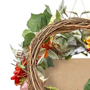 artificial decorative wreath, 24 in, red orange yellow, decorated with hydrangeas, roses, wooden sign, year round wreath for all seasons indoor and outdoor home wall window festival decorations