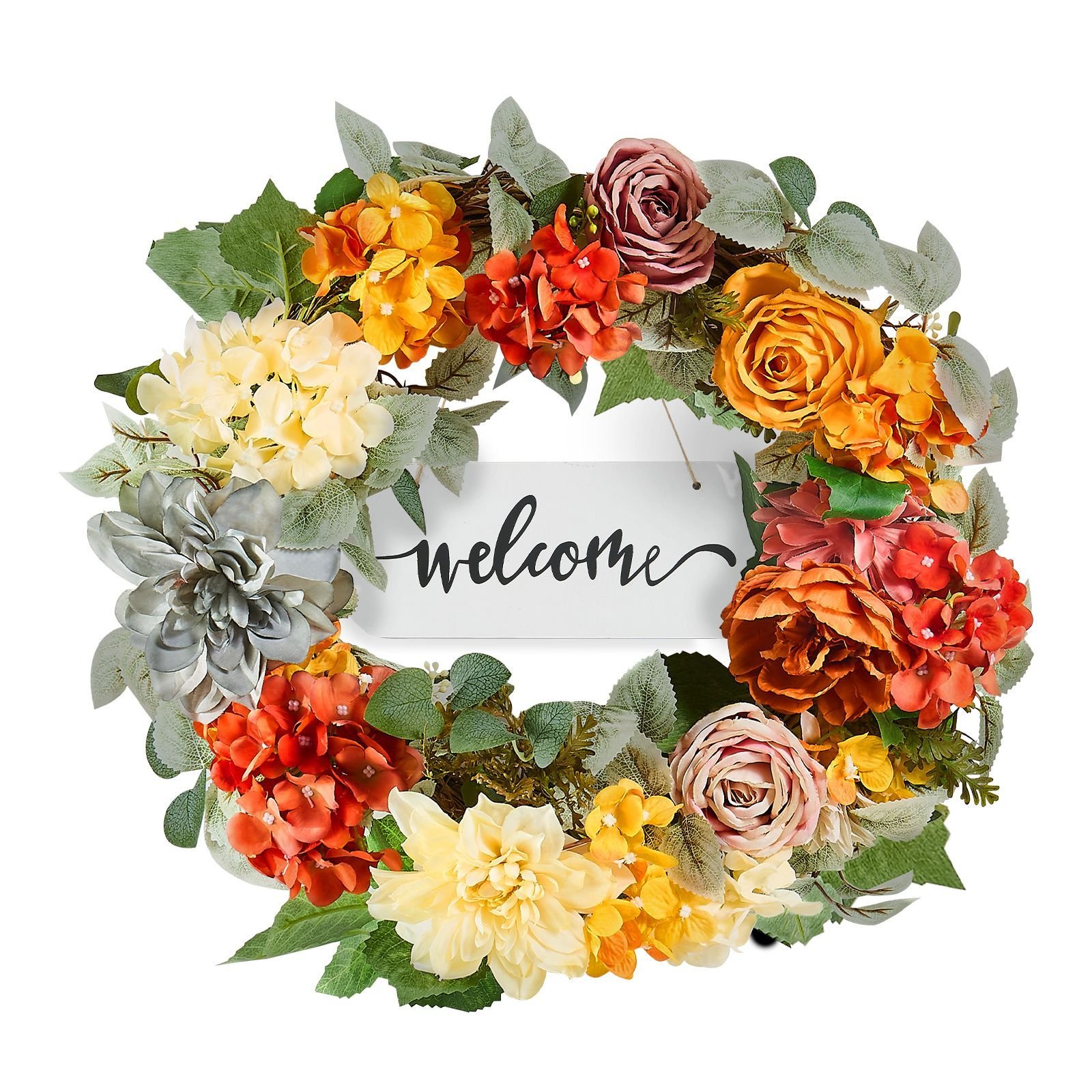 artificial decorative wreath, 24 in, red orange yellow, decorated with hydrangeas, roses, wooden sign, year round wreath for all seasons indoor and outdoor home wall window festival decorations