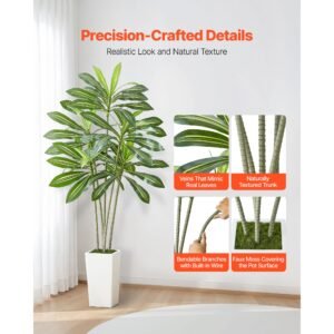 artificial dracaena tree 6 ft, fake palm tropical plants with white tall planter, faux floor silk plant in pot, large trees for home office living room decor house warming, indoor outdoor