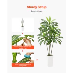 artificial dracaena tree 6 ft, fake palm tropical plants with white tall planter, faux floor silk plant in pot, large trees for home office living room decor house warming, indoor outdoor