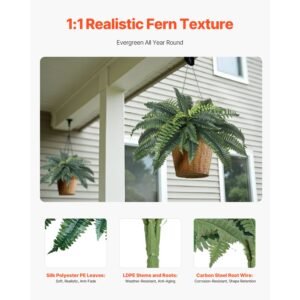 artificial ferns 2 pcs, natural spread diameter 31 34 inch, large hanging artificial boston ferns, fake plant wall decor with 30 branches, faux fern for home and office (flowerpot unincluded)