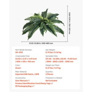 artificial ferns 2 pcs, natural spread diameter 31 34 inch, large hanging artificial boston ferns, fake plant wall decor with 30 branches, faux fern for home and office (flowerpot unincluded)