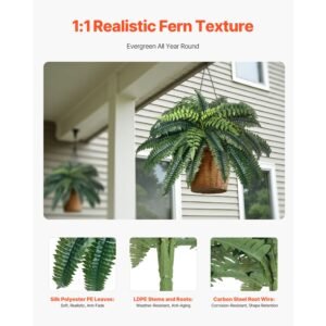 artificial ferns 2 pcs, natural spread diameter 35 39 inch, large hanging artificial boston ferns, fake plant wall decor with 35 branches, faux fern for home and office (flowerpot unincluded)
