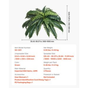 artificial ferns 2 pcs, natural spread diameter 35 39 inch, large hanging artificial boston ferns, fake plant wall decor with 35 branches, faux fern for home and office (flowerpot unincluded)